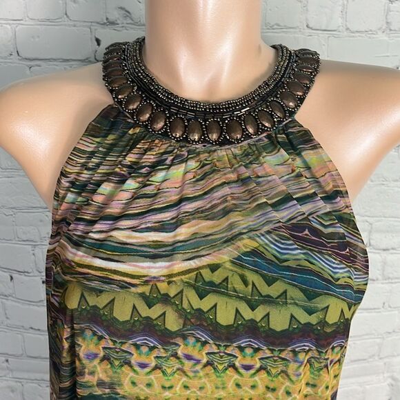 Multicolor Chiffon Beaded Halter Neck Dress Size 8 in Peacock colors - Picture 2 of 6